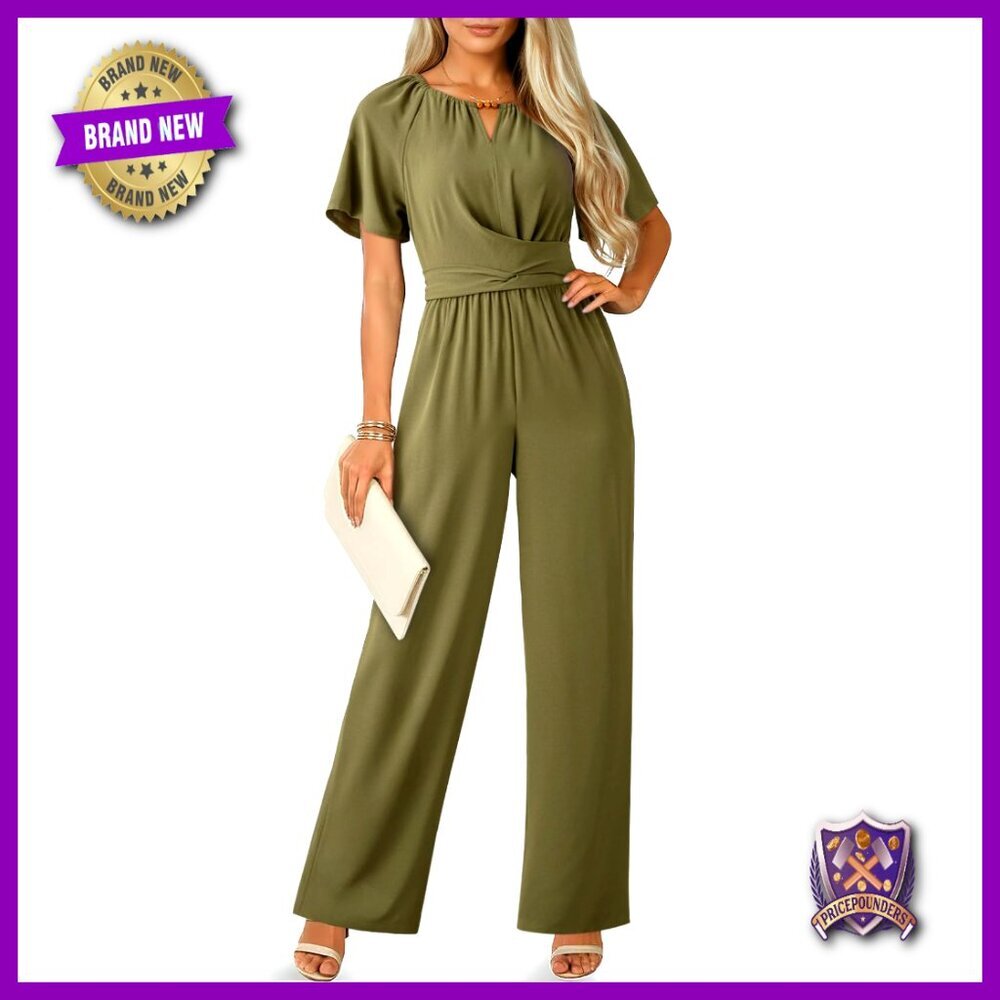 Wide Leg Jumpsuit with Pockets, Short Sleeve, Polyester, Loose Fit